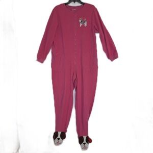 Nick & Nora One Piece Footed Pajamas Pink L Fleece Terrier Dog Graphic pockets